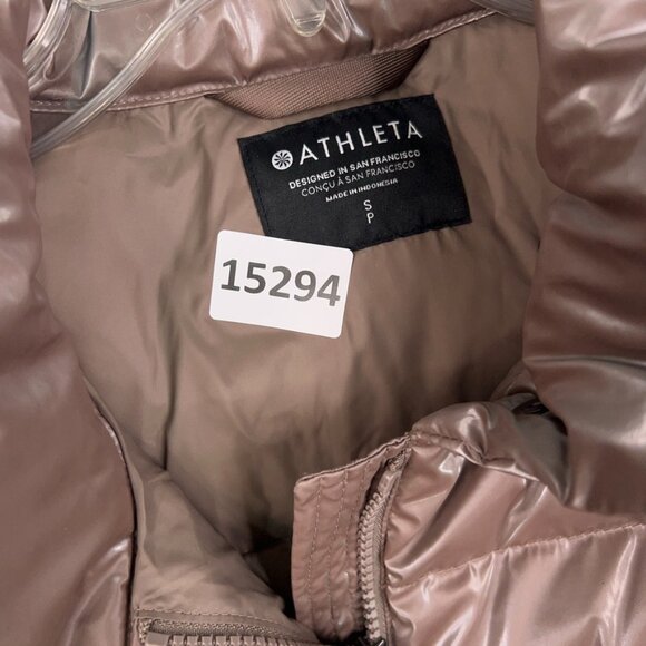 Athleta Vest Womens Small Pyrite Shine Metallic Downtown Puffer Down Waterfowl - Picture 16 of 16